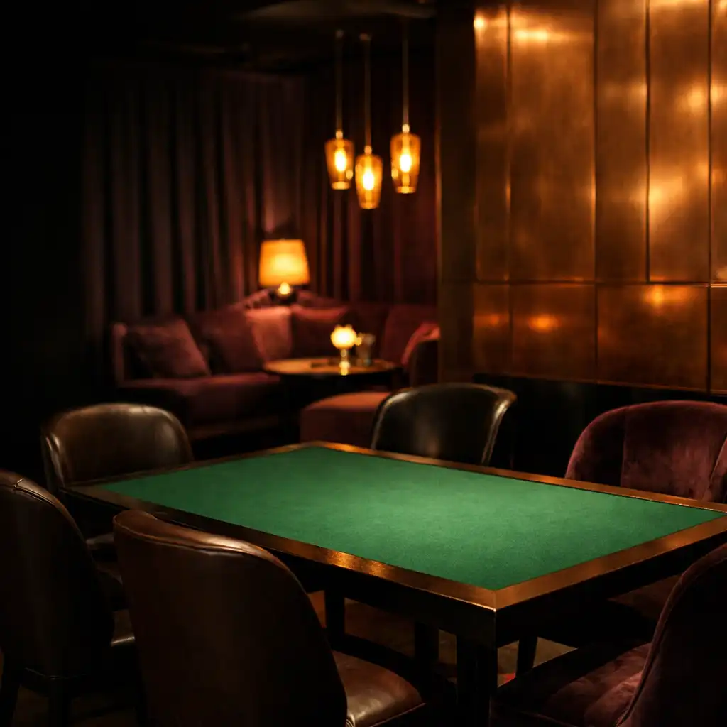 Sötét, meleg tónusú lounge enteriőr zöld posztóborítású asztallal