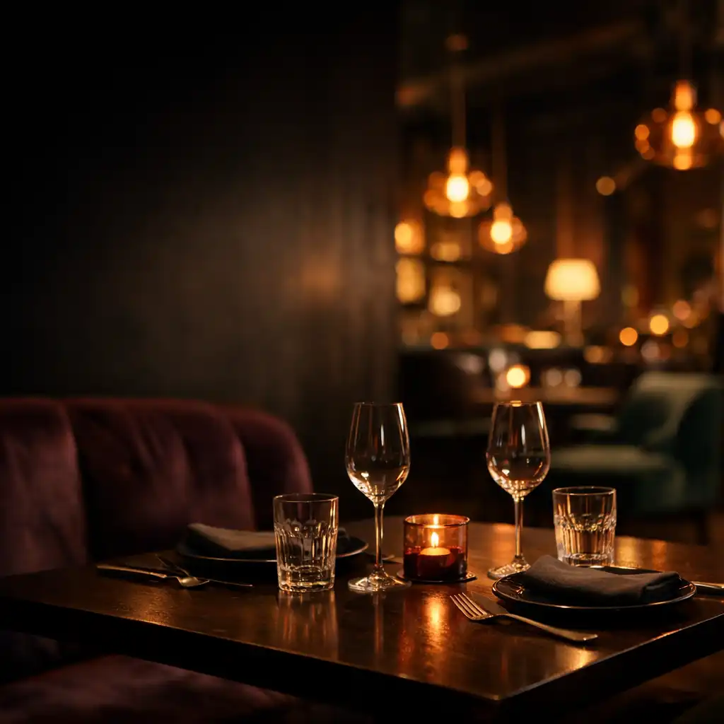 Meleg fényű, gondosan terített asztal az Izudvar sötét bistro-lounge terében