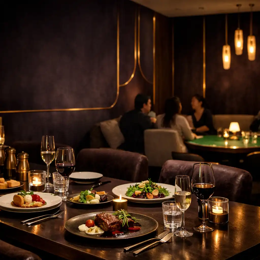 Meleg fényű esti enteriőr étkezőasztallal és diszkrét lounge-hangulattal