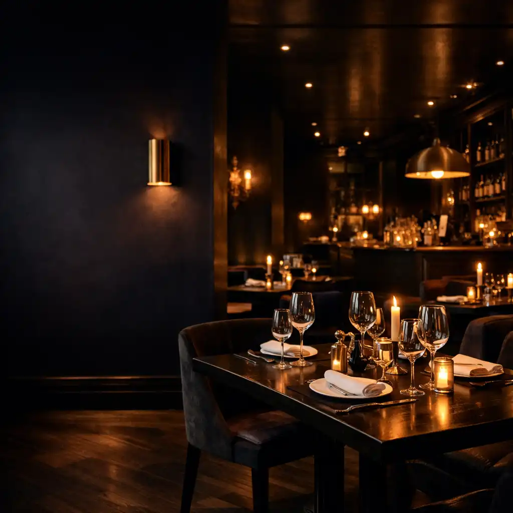Meleg fényű, sötét tónusú Izudvar lounge enteriőr gondosan előkészített asztalokkal