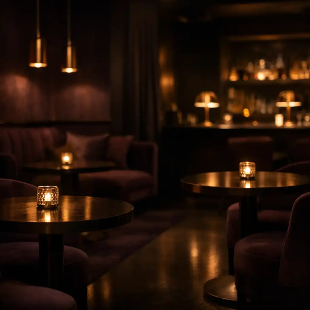 Intim, meleg fényű gasztro-lounge enteriőr kisebb asztalokkal