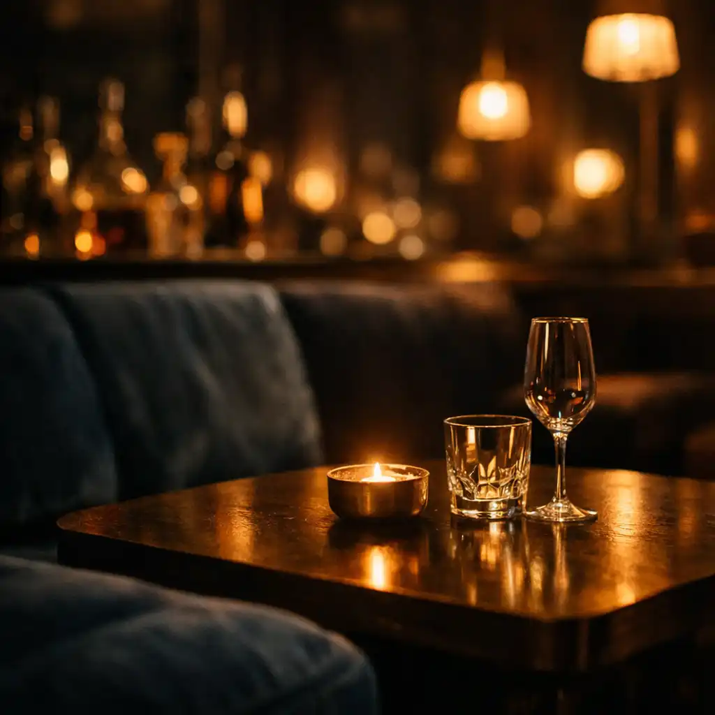 Csendes késő esti lounge asztal plum bársonyüléssel és meleg fényekkel