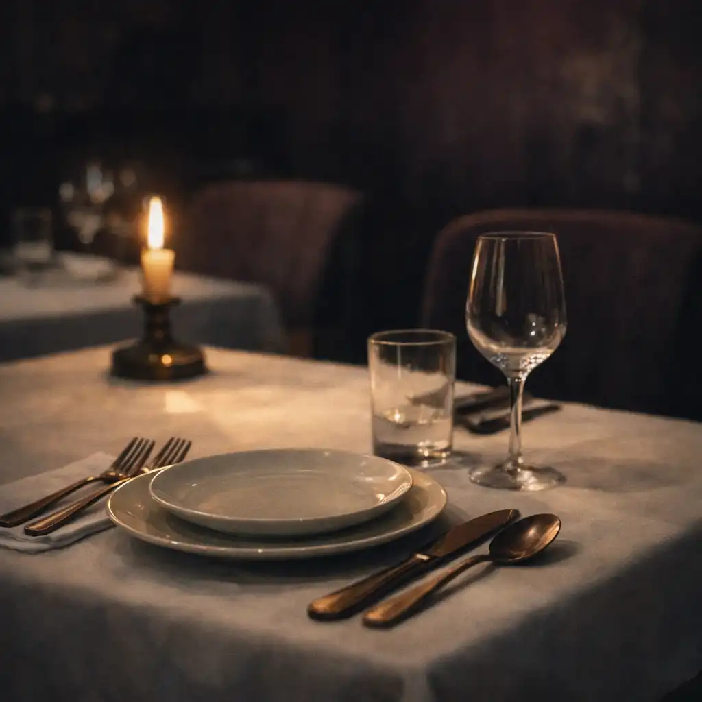 Gondosan megterített asztal meleg fényben egy sötét bistro-lounge-ban