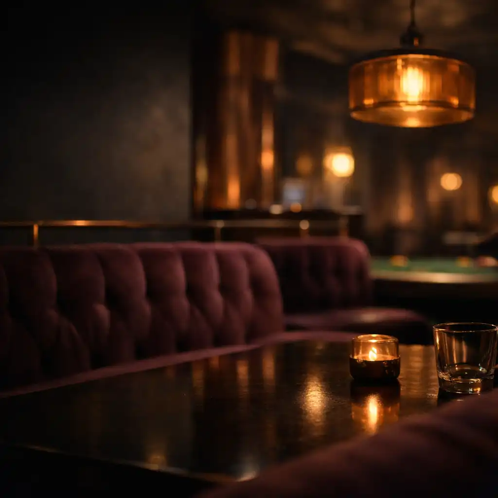 Meleg fényű, sötét tónusú Izudvar lounge enteriőr terített asztallal