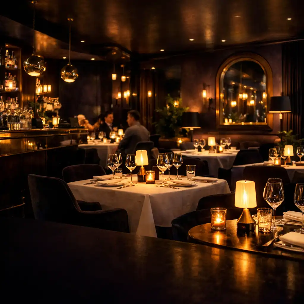Meleg fényű, sötét tónusú Izudvar bistro-lounge enteriőr terített asztalokkal