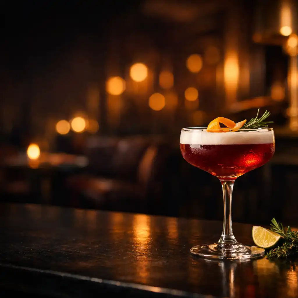 Signature koktél meleg fényű bistro-lounge környezetben